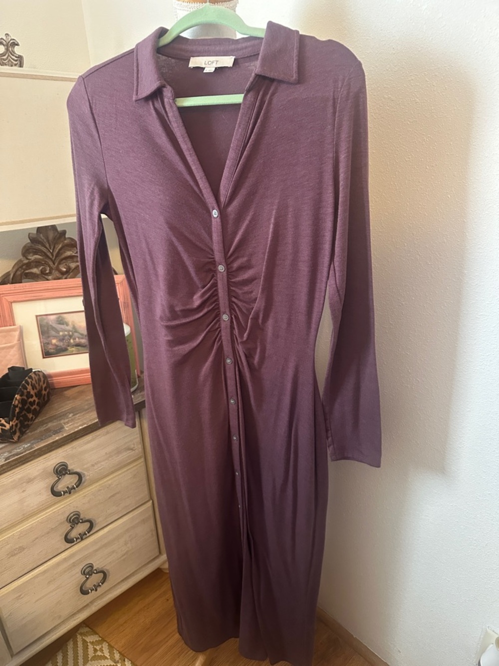 LOFT Plum Ruched Button-Front Long Sleeve Dress